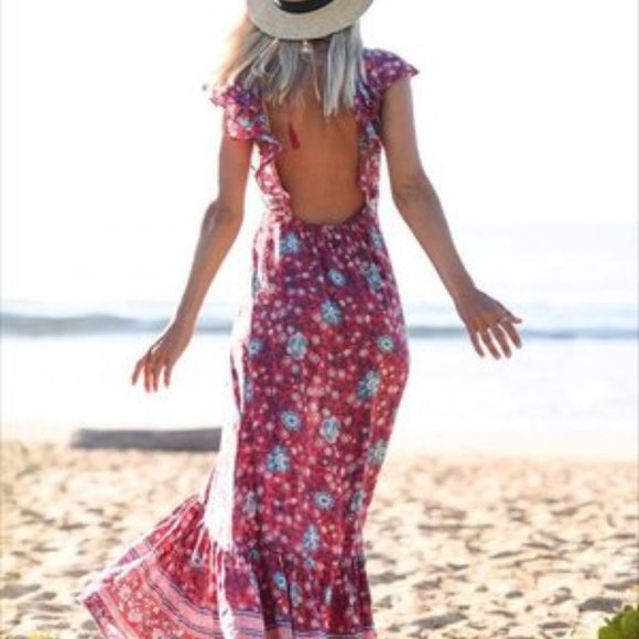 SPELL | Folk Town Frill Maxi Dress in Wine - Picture 5 of 11